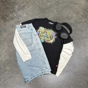 Ecko Unltd Mens Y2K Neon Splatter Rhino Graphic T-Shirt Black‎ Medium Vintage